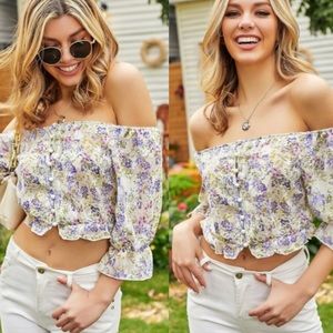 Purple floral off shoulder top womens